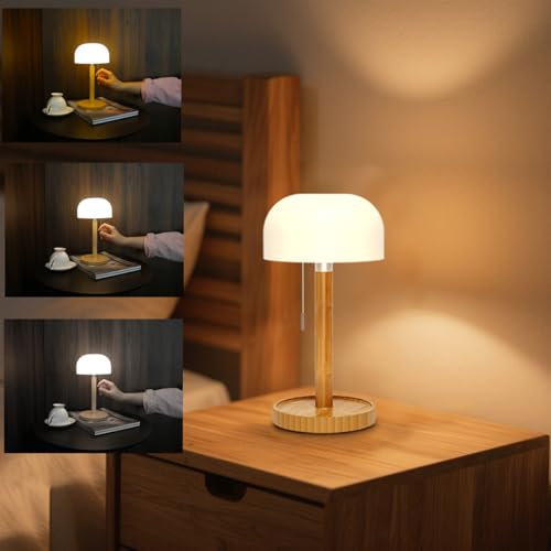 Lampada da tavolo ricaricabile in legno LED Senza Fili lampada da comodino Dimmerabile con interruttore a tirare,3000k-6000k, piccola luce da tavolo portatile per interni camera da letto ristorante
