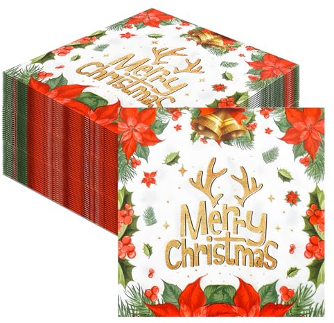 60Pieces Disposable Beverage Napkins Poinsettia Christmas Flower Holly Pattern Christmas Serviettes Xmas Cocktail Paper Napkins 2 Ply for Xmas Holidays Luncheon Dinner Party Supplies, 33x33cm