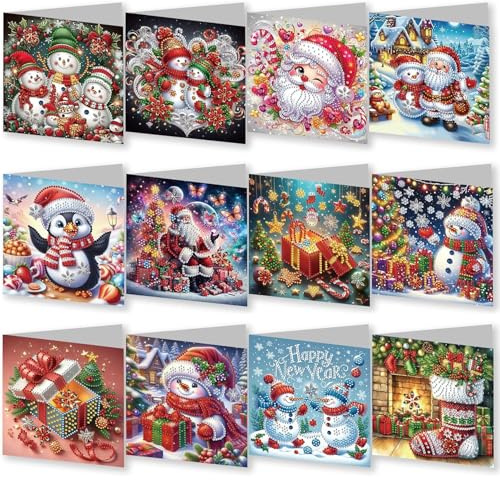 MUNORIAY 12 Stück Weihnachten Diamant Malerei Grußkarten Kits DIY Diamant Kunst Weihnachtskarten mit Umschlägen Xmas 5D Strass Malerei Faltkarte für Erwachsene DIY Handwerk Familie Freund