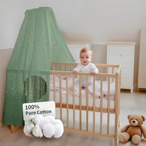 FloraVigo Babybettbezug, handgefertigt aus 100% Baumwollmusselin, Bettbezug mit Goldapplikationen (ohne Bettgitter), geeignet für Jungen und Mädchen(140 x 270 cm, Eukalyptus)