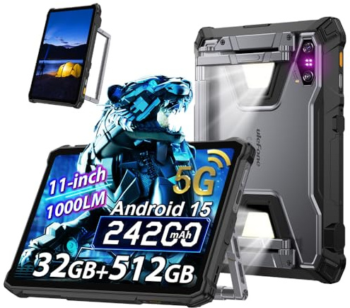 Ulefone Armor Pad 5 Pro 5G Android 15 Rugged Tablet,1000LM Camping Light,24200mAh 120W, 11 FHD+ Waterproof Tablet, 32GB+512GB,64MP+64MP IR Night Vision Camera, NFC/Face ID/3.5mm Jack/3 slots（Black）