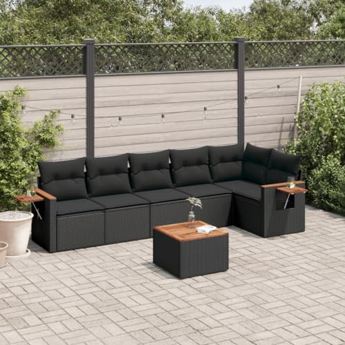 QJBSAVVA 7-TLG. Garten Lounge Set Schwarz Poly Rattan Ecksofa 62x62x69 cm mit Akazienholz Tisch zerlegbare Balkonmöbel für Garten Terrasse und kleine Balkone