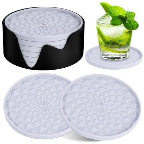 AUAUY 6 PCS Silicone Coasters with Storage Holder, Light Gray | Silicone Thick Design(0.28inch), Drinking Coasters, Cup Mat for Hot or Cold Drinks, Thickened, Non-Slip, Non-stick, Deep Tray