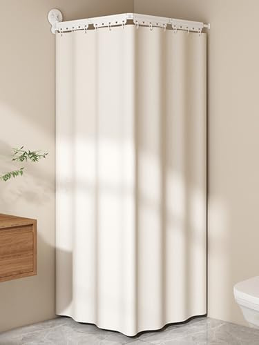 Faltbarer Duschvorhang Leinen Wasserdicht Schimmelresistent mit Einziehbare Duschvorhangstange L/U Form Ecke - Ohne Bohren, Shower Curtain Rod für Badewanne