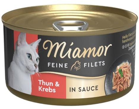 Miamor - Feine Filets in Sauce | Nassfutter für ausgewachsene Katzen mit Filetstückchen in Sauce. Fettarmes Ergänzungsfutter in der Dose ohne künstliche Zusätze | 24x85g Thun & Krebs