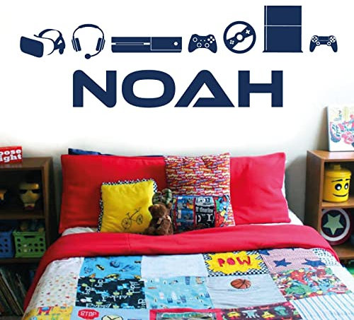 Personalised Name Boys Bedroom Wall Art Sticker - Gamers, Gaming, Game Consoles [Large] [Cobalt]