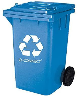 Papelera contenedor q-connect plastico azul para papel y carton 100l con tapa y ruedas 750x470x370 mm