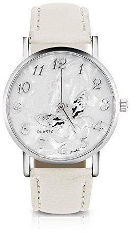 Sonew Femmes Quartz Montre Femme Analogique Ronde Montres PU Cuir Bracelet Mode Simple Papillon Conception Montre-Bracelet(Blanc)