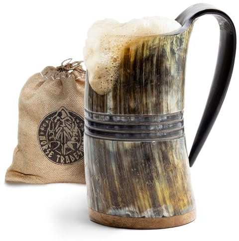 Norse Tradesman LG Viking Drinking Horn Mug - 100% Authentic Beer Horn Tankard with Hardwood Bottom & Ring Engravings | The Eternal, Low Polish, 500 MLS