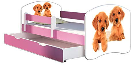 Kinderbett Jugendbett mit einer Schublade und Matratze Rausfallschutz Rosa 70 x 140 80 x 160 80 x 180 ACMA II (39 Welpen, 80 x 180 cm mit Bettkasten)