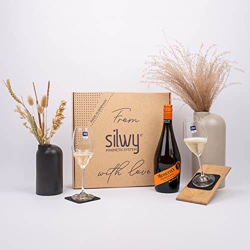 silwy® Geschenkbox, MIONETTO PROSECCO Spumante BRUT 0,75 l mit Magnet-Kristallgläsern inkl. metallischen Nano-Gel-Pads - standsichere Campinggläser, Boot- und Yachtzubehör (Geschenkidee Prosecco)