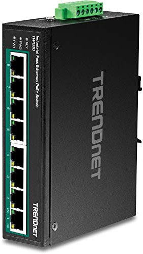 TRENDnet, TI-PE80, Switch industriale a 8 porte Fast Ethernet PoE+ su guida DIN, switch di rete IP30 non gestito, budget di potenza PoE da 200 W