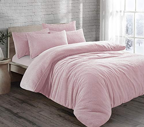 Teddy Bear Fleece Thermal Warm Cosy Soft Fur Duvet Cover Set With Pillow Cases (Pink, Single)