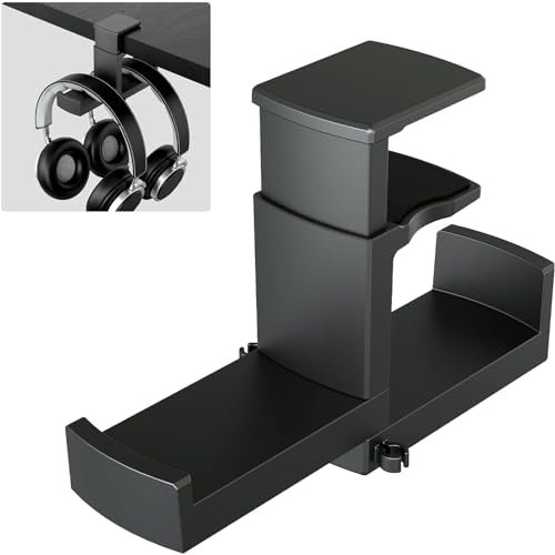 EURPMASK - Soporte doble para auriculares 2 en 1, gancho giratorio de 360 grados con abrazadera ajustable y organizador de clip de cable, soporte para auriculares debajo del escritorio, color negro