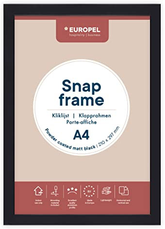 EUROPEL leichte Klapprahmen DIN A4 mattschwarz pulverbeschichtet, Easy-Click System, Profil 25x11 mm, eloxierte Aluminium und blendfreie Schutzfolie, Außenmaß 451x625 mm, grau Polystyrol Rückseite
