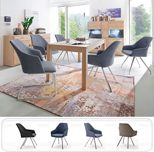 expendio Esszimmer Torrent 149 Eiche Bianco massiv + Stühle Marion A1 Kunstleder graublau LED Esszimmerschrank Sideboard Highboard, Anzahl Stühle:mit 10 Stühlen