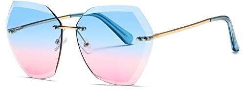 kimorn Sonnenbrillen für Frauen Übergroße randlose Diamant-Schneidlinse Klassisch Eyewear AE0534 (Gold/Blau/Rosa, 65)