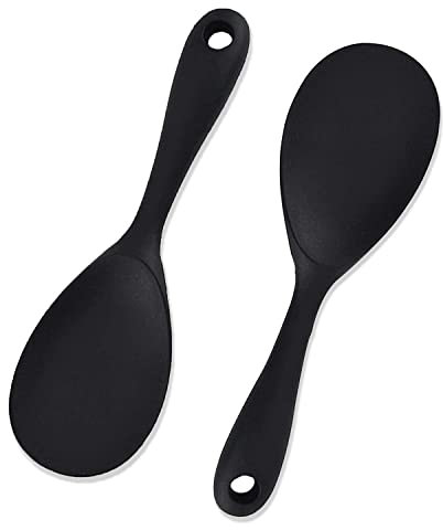MARUKO 2Pcs Rice Spoon Silicone, Rice Paddle, Rice Serving Spoon, Silicone Spoon Set Kitchen Utensils Set Kitchen Tool Set for Stirring Scooping and Mixing (Black)