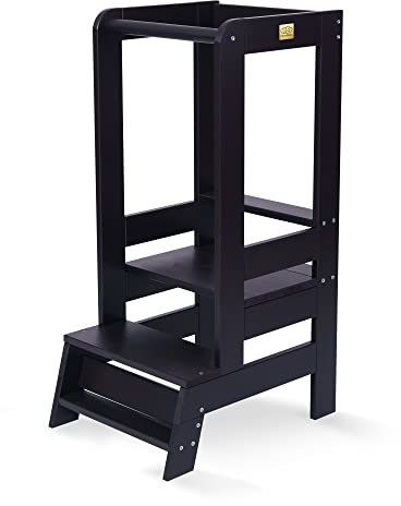 MEOWBABY Lernturm – Höhenverstellbarer Montessori Learning Tower für Kinder – Lernturm ab 1 Jahr – Sicherer Kinder Tritthocker – Holz Küchenhelfer für Küche & Alltag, Schwarz