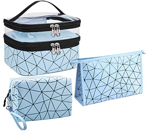 Lakpopya Kulturbeutel Set, 3 Stück Kosmetiktasche mit Rautenmuster, Doppelschichtige Transparent Makeup Tasche + Waschtaschen für Damen & Männer (Blau)
