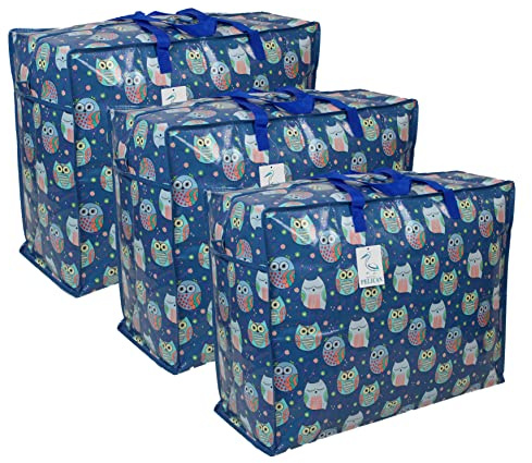 Storage Bags 65 ltr 3x Pack Sleepy Owls print | Water & Dust Resistant, Double zipped, For toys, laundry, bedding, Underbed Wardrobe Space Saver