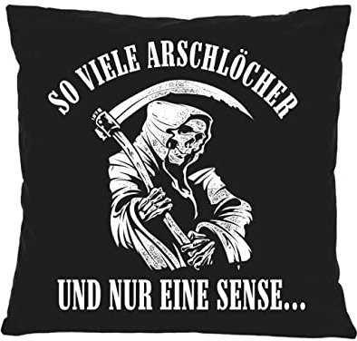 Spaß Kostet Kissen mit Spruch und Füllung Dekokissen Totenköpfe Skull Motiv mit Sense Stinkefinger Spruch