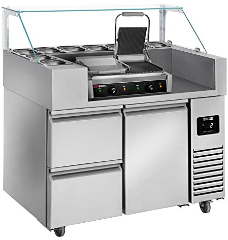 GGM Gastro | ZBF127DN#KGKB300#SBF | Zubereitungstisch - 1210mm - 1 Tür & 2 Schubladen - für 9x GN 1/6 - inkl. Kontaktgrill