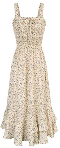 GRACE KARIN Women's Casual Strappy Smocked Maxi Dresses Square Neck Floral Summer Dress Beige with Purple Flower XXL