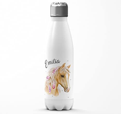 Mikalino Kinder Edelstahl Trinkflasche Pferd mit Federn in der Mähne und Wunschname Einschulung Geschenk Schulanfänger Thermosflasche Mädchen Junge, Farbe:weissweiss, Grösse:500ml