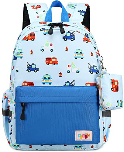 mygreen Kleinkind-Rucksack, Kinderrucksack für Jungen und Mädchen mit Brustgurt, Bunte Rettungsfahrzeuge, hellblau, S, Modern/Fitted