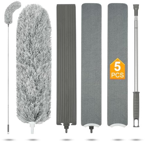 Vicloon Feather Duster, 5 PCS Extendable Cobweb Duster with Extension Pole Up to 100'', Bendable Washable and Reusable Gap Hand Crevice Brush for Cleaning Ceiling Fan High Ceiling Furniture