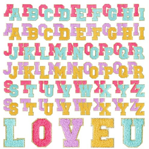 Morcheiong 104Pcs Self Adhesive Chenille Letter Patches - Chenille Letters & Patches for Clothing Fabric (Purple, Yellow, Blue, Rose Red)