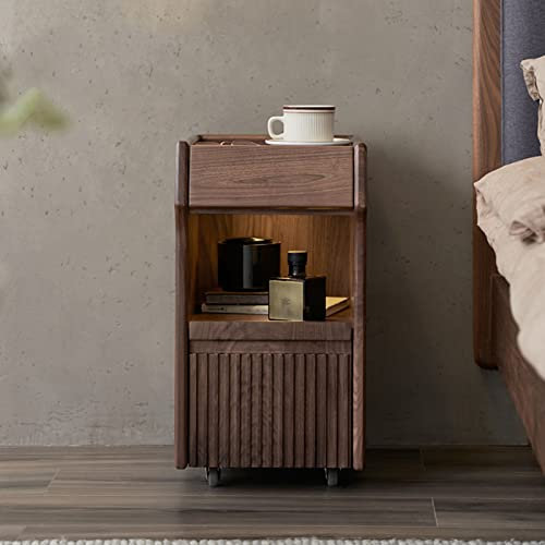 SORVA Nachttisch aus massivem Holz, moderner Kleiner Nachttisch, ultraschmal, 30 cm breit, Schlafzimmerschrank aus schwarzem Walnussholz mit 2 Schubladen und offenem Regal