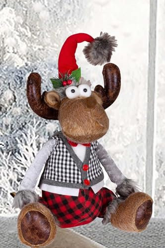 KAMACA Deko ELCH/Rentier aus Stoff mit knuffigem Outfit ausgefallene Dekoidee oder zum Verschenken zu Winter Weihnachten (Rentier Junge sitzend rot schwarz kariert 45 cm)
