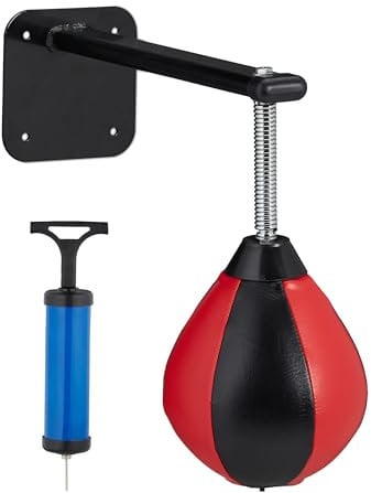 Relaxdays Punchingball, für Wandmontage, Kinder & Erwachsene, Training, Anti-Stress, Speedball mit Pumpe, schwarz/rot, 1 Stück