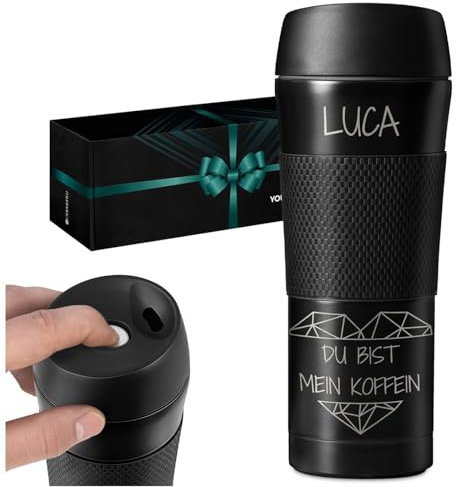 Maverton Reisebecher mit Gravur 450 ml - Kaffeebecher mit Anti-Rutsch-Griff und Quick-Press-Verschluss - Edelstahl Thermobecher auslaufsicher 100% dicht - für Männer zum Geburtstag - schwarz - Koffein