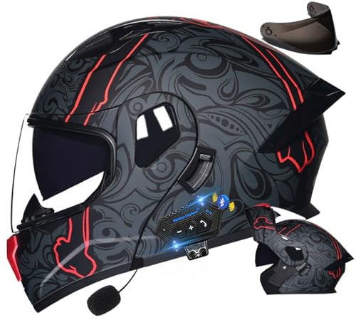 Bluetooth Casque Modulable de Motocyclette ECE Homologué, Casque de Moto, Casque Moto IntéGral Double VisièRe avec Double Haut-Parleur IntéGré Microphone pour Adultes M-XXL