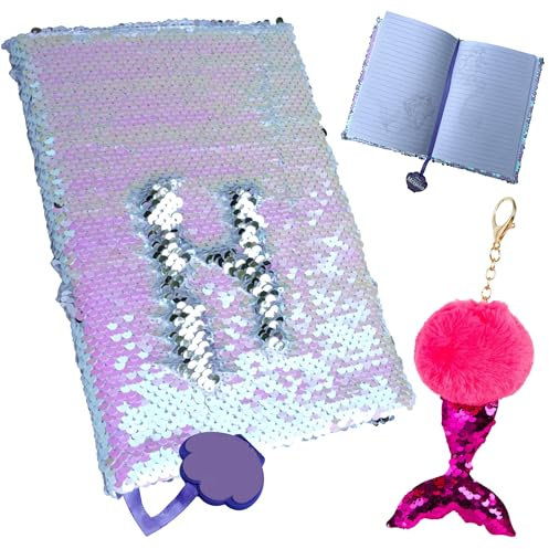 2pk Kinder-Geschenk-Set – Meerjungfrau-Pailletten-Notizbuch, Tagebuch mit Lesezeichen und rosa Pompon-Schlüsselanhänger, Geschenk für kreative Kinder ab 3 Jahren