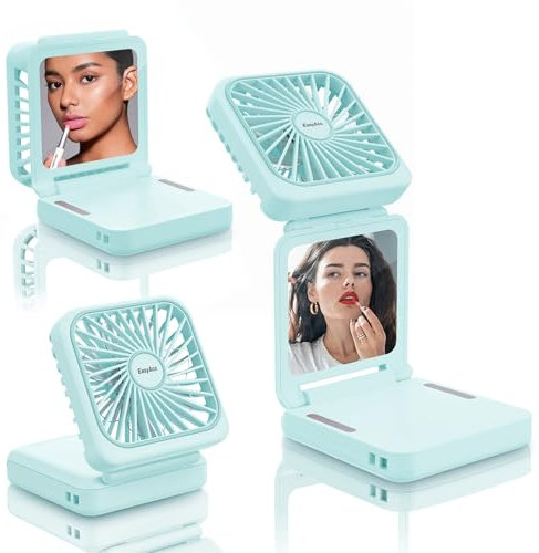 EasyAcc Portable Handheld Fan, Mini Fan Makeup/Eyelash Mirror 5000 Battery Rechargeable Personal Neck Fan 32H/5 Speed/Backup Power/Digital Display/Phone Stand fan for Outdoor Travel Gifts Women Girls