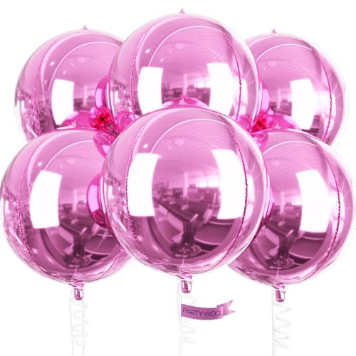 PartyWoo Lot de 6 ballons roses en aluminium 4D - 55 cm - Grands ballons ronds en aluminium pour décoration d'anniversaire, décoration de mariage, décoration de fête (ronds, rose)