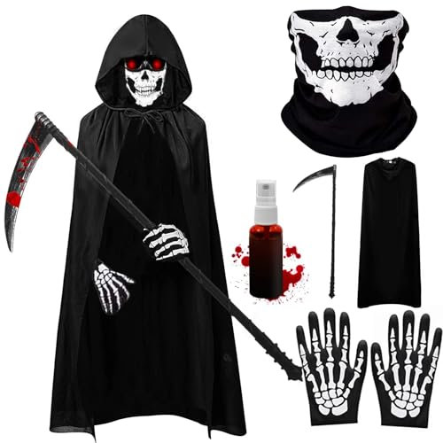 Costume da vampiro, 130 cm, costume da vampiro, Halloween con maschera a teschio, sense, guanti, sangue artificiale, costume per Halloween, mantello con cappuccio per feste a tema (Bambini)