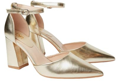 Dorothy Perkins Blanche Ankle Strap Pointed High Block Heel Court Shoes, 7, Gold
