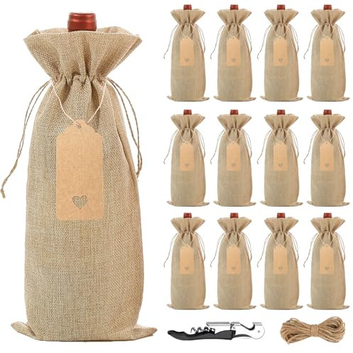 Sacchetti di Vino, 12 Pezzi Sacchetti Regalo in Iuta con Coulisse, Borse Riutilizzabili per Feste,Compleanni,Matrimoni, Natale (iuta)