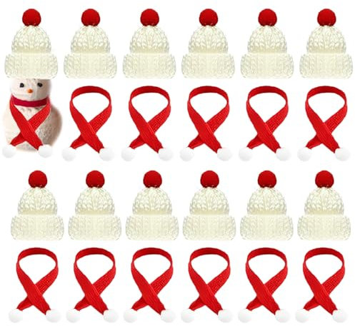 24 Stücke Mini Weihnachtsmütze und Schal Set, Mini-Strickmütze des Weihnachten Lutscherhut, Weinflasche Abdeckung Dekoration Hut mit Schal für Tischdekoration Schneemann Geschenk Dekoration (Weiß)