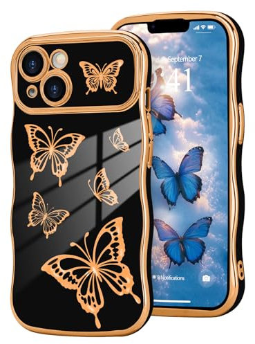 Urarssa for iPhone 13 Case, Womens Girls Cute Butterfly Pattern Curly Wave Frame Case, Shockproof Raised Lens Protection Soft Silicone TPU Bumper Luxury Plating Glossy Phone Cover, Black