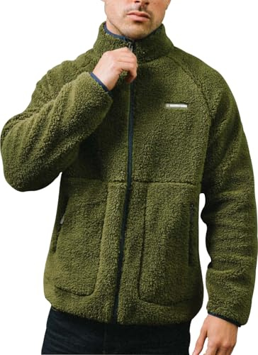 Lambretta Mens Sherpa Full Zip Fleece Warm Winter Jacket Coat - Khaki - 2XL