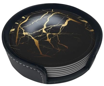 Lot de 6 dessous de verre ronds en marbre noir antidérapant pour café, bière, bouteille de vin, maison et bar.