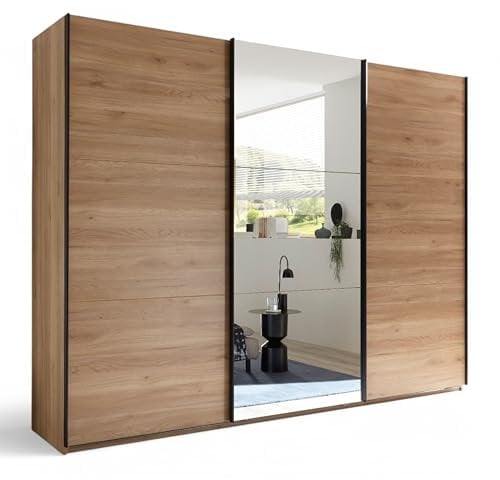 Bravo Kleiderschrank mit Spiegeltür in Mauvella Eiche Optik - Vielseitiger Schwebetürenschrank 3-türig mit viel Stauraum - 270 x 210 x 60 cm (B/H/T)