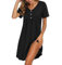 Crewhpo Chemise de Nuit Femme Coton Robe de Nuit à Manches Courtes Col V Vêtements de Nuit Ample Boutons Décoratifs Couleur Unie Noir XXL