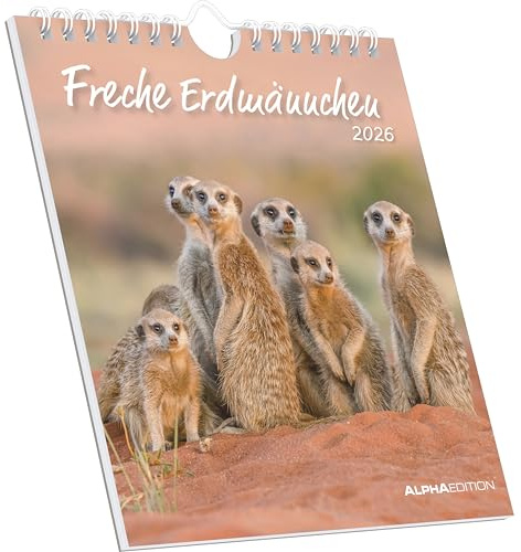 Alpha Edition - Freche Erdmännchen 2026 – Postkartenkalender 16×17 cm mit 53 witzigen Motiven, dekorativer Tisch- & Wandkalender auf FSC-Papier, zum Verschicken, Sammeln & Verschenken